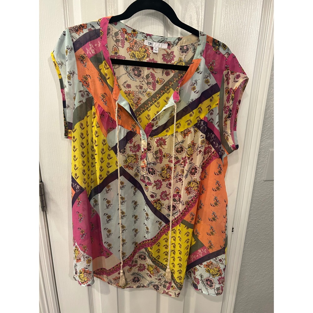 DR2 Blouse Multi Color Patchwork Floral Boho Tassel Tie Top 1X Plus Size